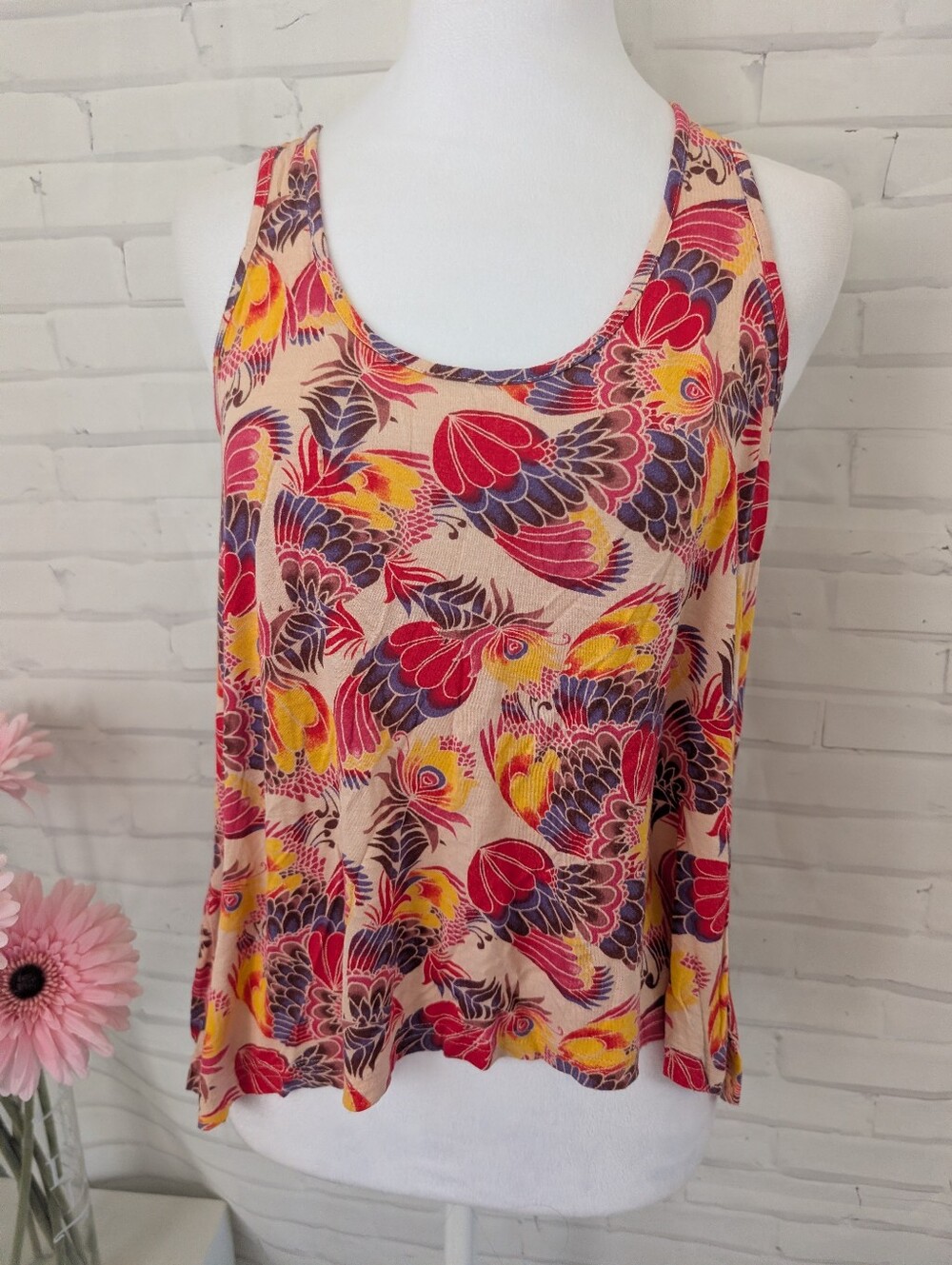 Rubbish Peach Floral-Feather Print Tank Top with Red, Yellow & Blue Accents